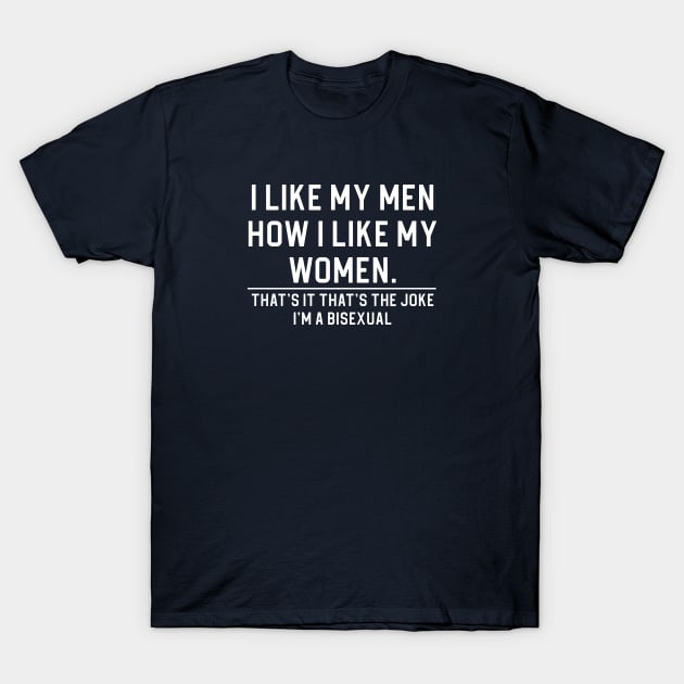 Funny Bisexual Gift Bi Pride Gift I Like My Men How I Like My Women T-Shirt by kmcollectible